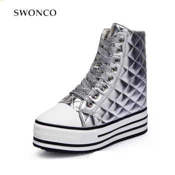 

SWONCO Shoes Women Platform Wedge Vulcanize Sneakers For Woman 2019 Spring New High Top Female Casual Shoes Sneakers Sliver 12cm