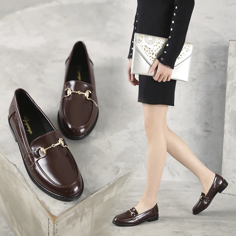 

2019 Women Brogue Flats Soft Leather Slippy Buckle Plus Size 35-39 Female Glossy Luxury Metal Luxury Quality Black Comfy Shoes