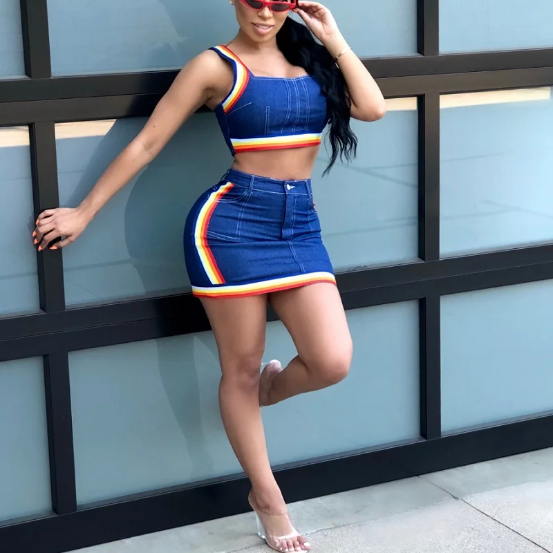 تنورة مجموعة عالية الجودة مخطط الجينز اثنين من قطعة مجموعة المرأة مثير المحاصيل الأعلى البسيطة التنانير مجموعات الجينز بذلة رياضية الدنيم و...