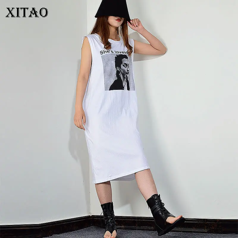 

[XITAO]Pullover Small Fresh Print Character Letter Pattern Pullover Sleeveless Dress Female Fashion 2019 Summer New Dress XJ1511