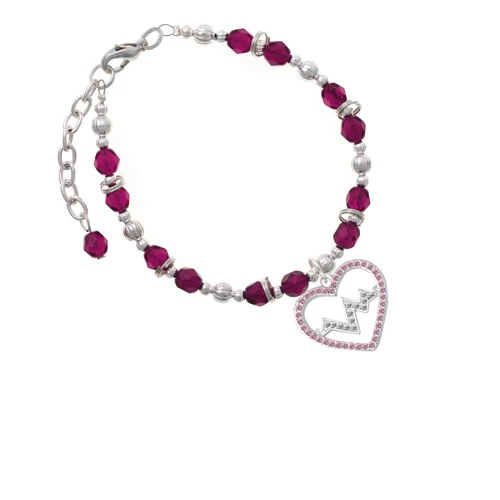 Silvertone Large Pink Crystal Heart with Clear Heartbeat Magenta Beaded Bracelet