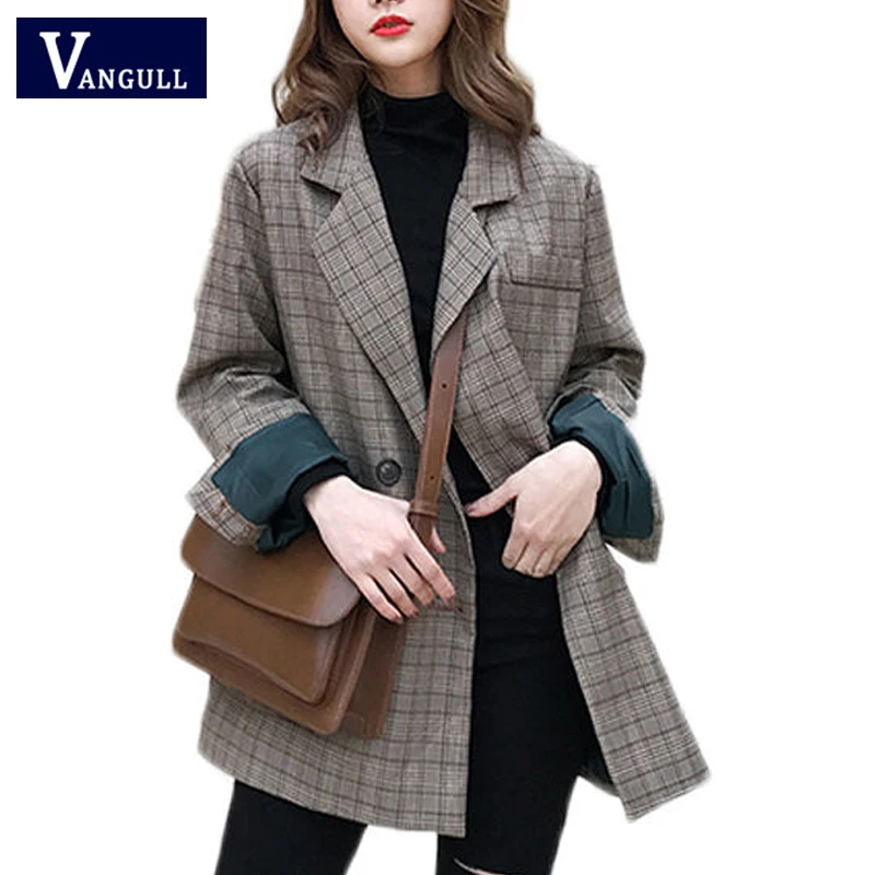 Vangull клетчатые женские блейзеры Модные Винтажные пальто с длинным рукавом 2019