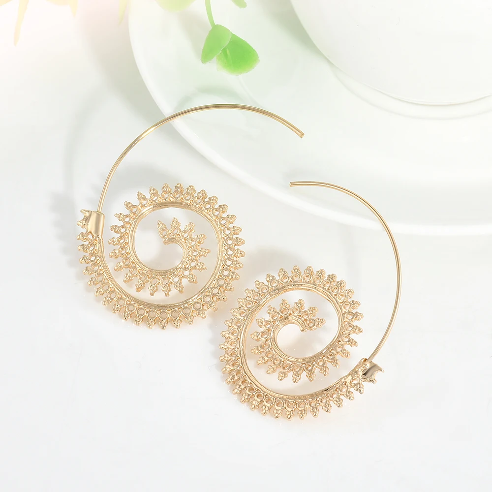 Модные Винтажные элегантные круглые спиральные латунные серьги для женщин и девушек, металлические новые стильные вечерние серьги, ювелирные изделия