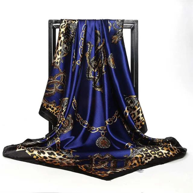 Модный женский шарф, роскошный бренд, синяя цепочка с полосками, с принтом, хиджаб, шелковый атлас, шаль, шарф, платок, квадратный платок, шарфы, обертывания, 90x90 см - Цвет: Розовый