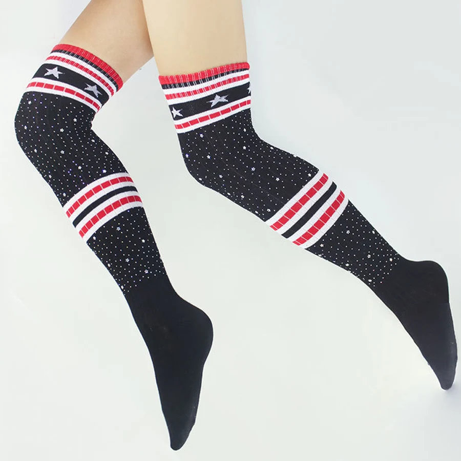 

Women Fashion Winter Boots Cuff Socks Autumn Red Striped USA Star Ladies Cotton Long Knee High Socks Sexy Diamonds Stockings