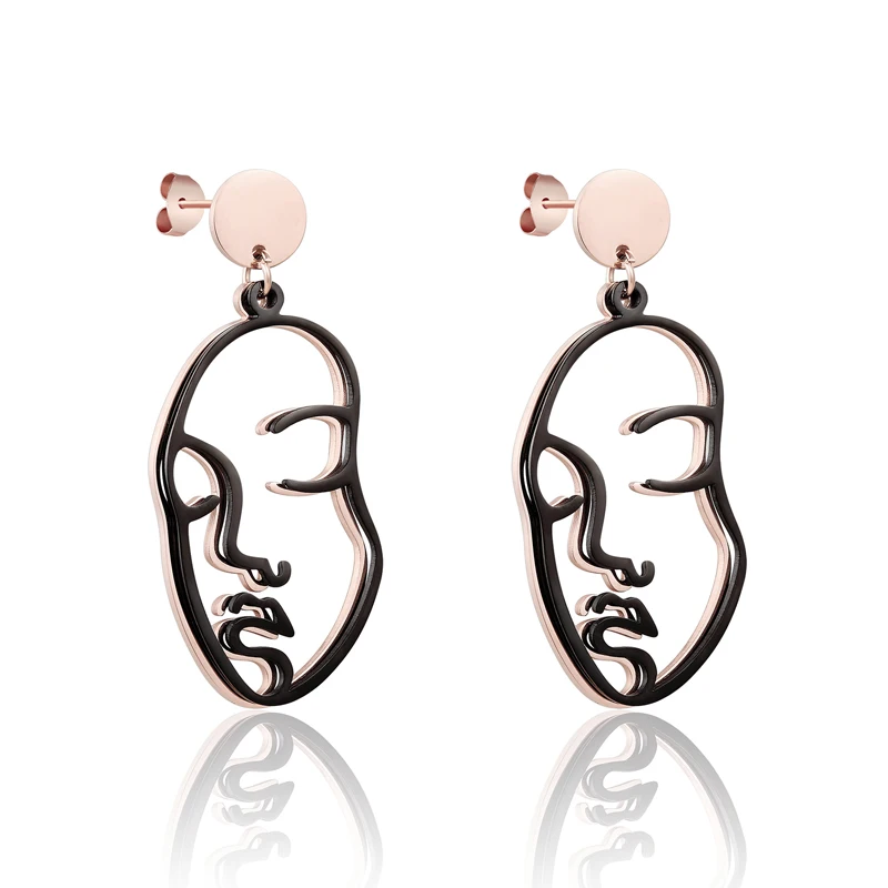 

New Arrival Abstract Stylish Hollow Out double layer Face Dangle Earring Girls Stainless Steel Drop Earrings boucles d'oreilles