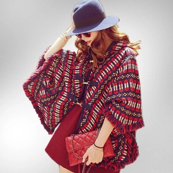 

Winter women spell color jacquard fringed woolen cape coat casual coat