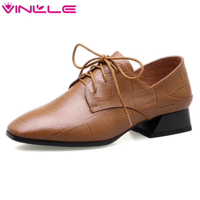 

VINLLE 2018 Women Pumps Pointed Toe Genuine Leather Lace Up Fashion Square Low Heel Ladies Wedding Shoes Size 34-42
