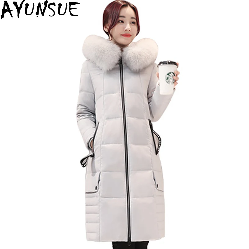 2020 Real Fox Fur Collar Winter Down Jacket Women Slim Warm White Duck Coats Long Fashion Thick Parkas Plus Size 6XL ST532 | Женская