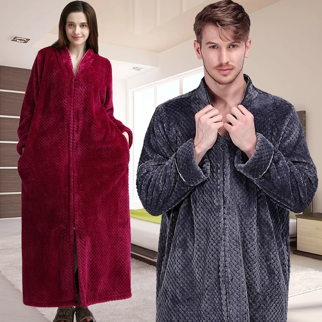 Women Winter Thermal Plus Size Extra Long Thick Grid Flannel Bathrobe
