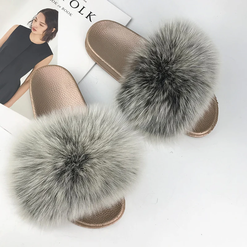 Yu Kube High Quality Plush Furry Real Fur Slippers N Ladies Real Fox Hair Slides Summer Shoes Women Plus Size Flip Flops