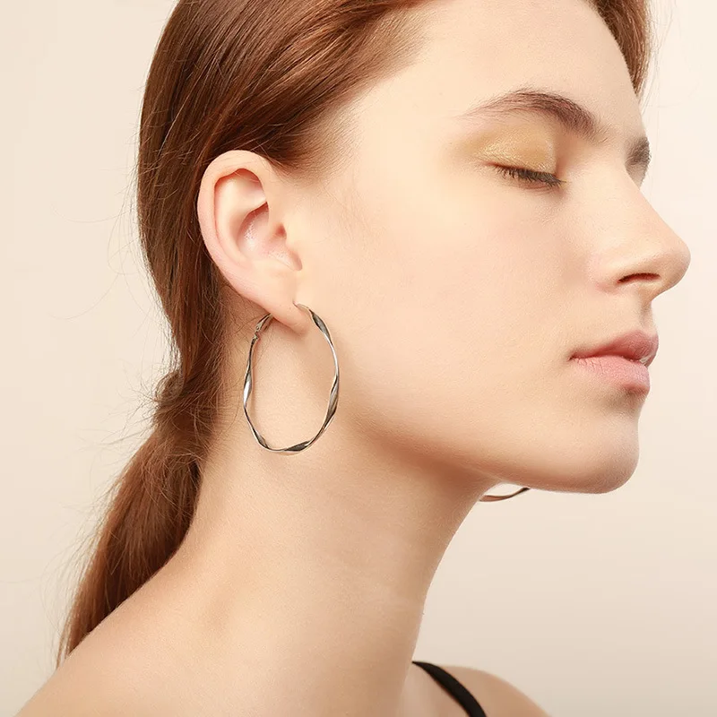 51mm oversized earrings round twisted hoop earrings stainless steel earring women big circle