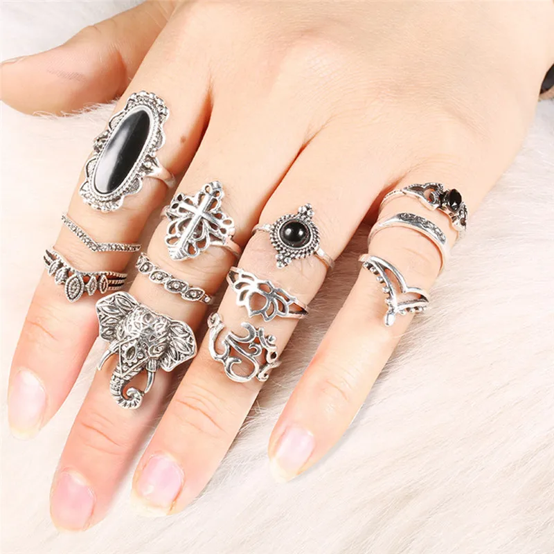 

TTLIFE 12Pcs/Set Elephant Lotus Flower Ring Fashion High Quality Bohemia Style Rings Set Pendant for Women Charm Jewelry