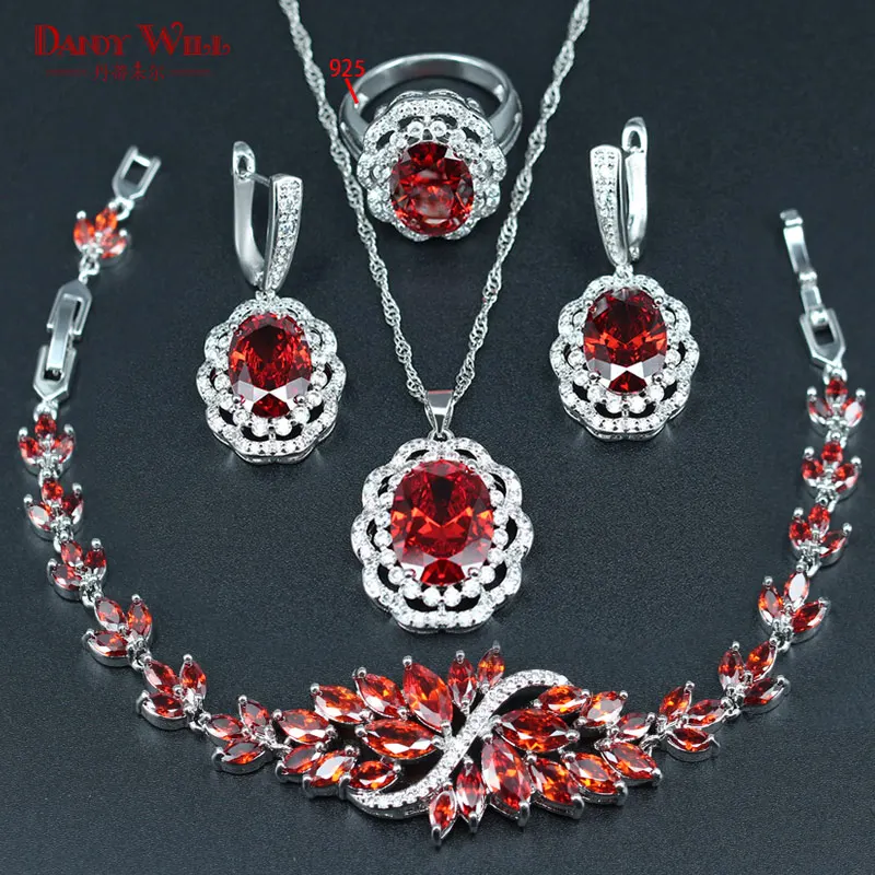 

DANDY WILL 925 Stamp Silver Color Women Wedding Jewelry Sets Red White Cubic Zirconia Necklace/Earrings/Ring/Bracelet/Pendant