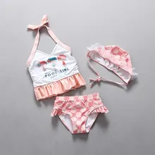 3 предмета, Модный летний танкини для маленьких девочек, бикини, Раздельный комплект, купальник для малышей, детский купальник со шнуровкой, купальный костюм с шапкой