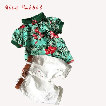 

2018 new summer Handsome boy clothing sets Print Flowers Shirt+ white Pants+Belt fashion 3piece/ SET for children's clothing