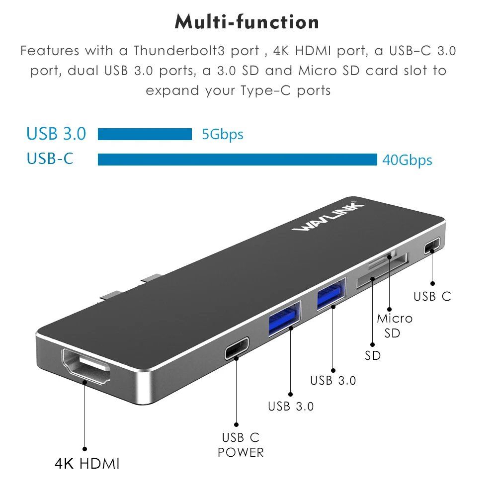 Wavlink USB-C концентратор адаптер Тип C T3 алюминиевый концентратор w/SD/Micro SD кард-ридер 4K HDMI для MacBook Pro