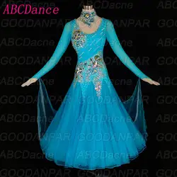 Бальные танцевальные платья с длинным рукавом стандартный бальный зал платье для женщин Танцы вальса платье светло-голубое с высокой