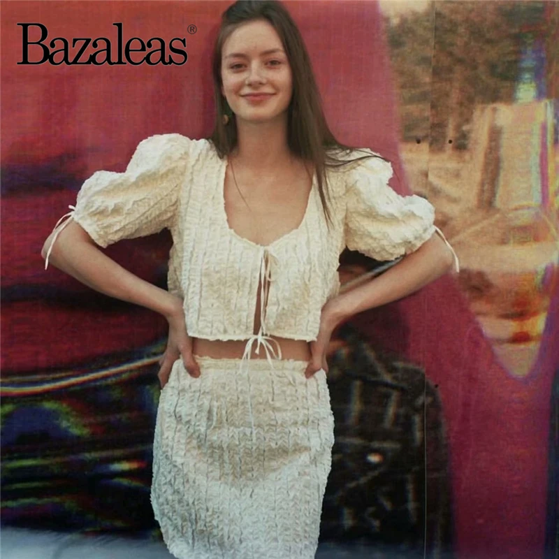 

Bazaleas Center Tie Hollow Out two piece set Fashion Crop top and Mini skirt Basic Cotton tracksuit women drop shipping