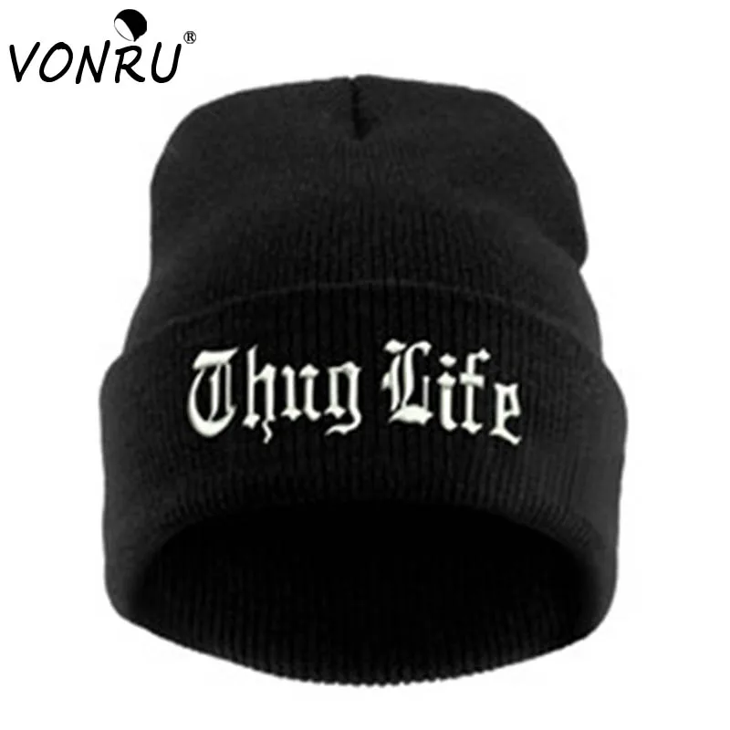 Женская вязаная шапка THUG LIFE черная с надписью в стиле хип хоп унисекс|beanie knitted