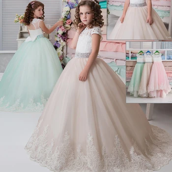 

New Lace Applique Cap Sleeve Ball Gowns Flower Girls Holy First Communion Dress Open Back Birthday Dresses with Beading Sash