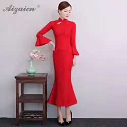 Новое кружевное платье Cheongsam Длинные платья с рукавами в форме французского рожка Qi Pao стильное модное красное китайское платье Qipao