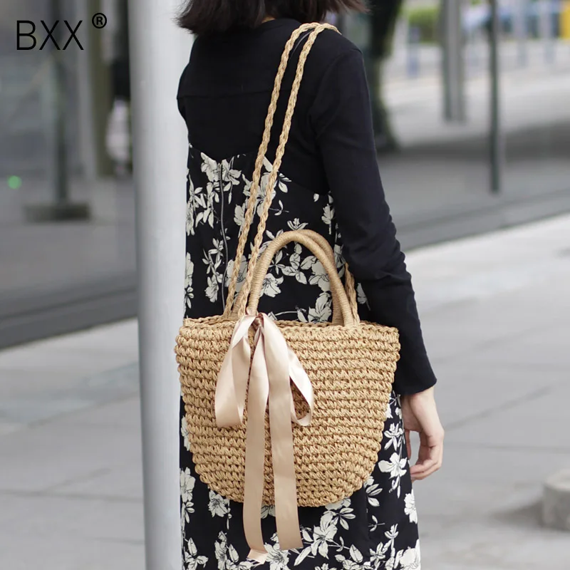 

[BXX] 2020 Summer Vinatge Design Bowtie Single Strap Bag Straw Seaside Sandy Beach Flap All Match Handbag LM506