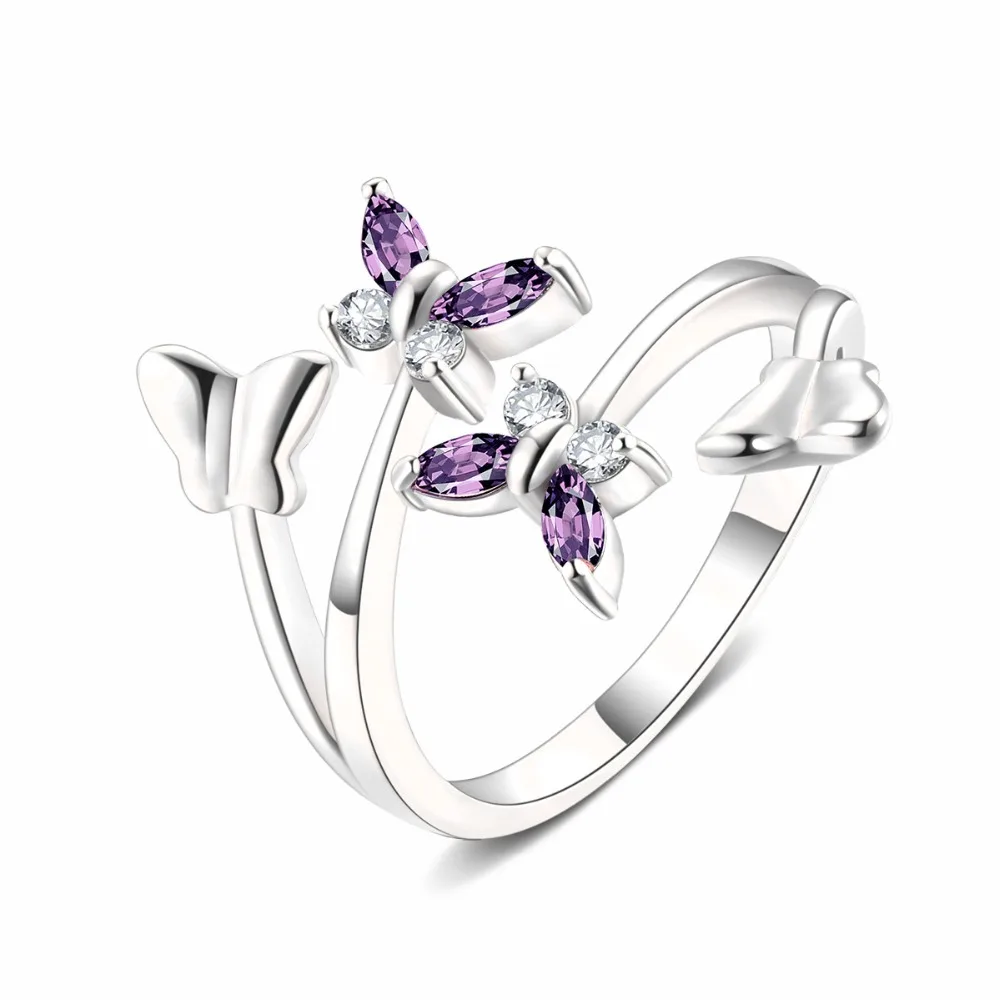 

ladies Hollow out Cubic Zirconia rose gold Adjustable open butterfly Finger ring for women wedding party double deck ring