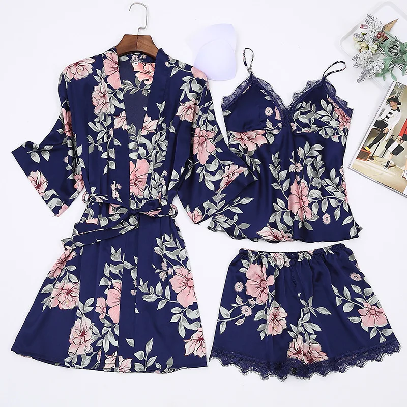 

atin Pijamas Floral Faux Silk Pajamas Robe 3PC Suit with Chest Pads Lingerie Shorts Pants Sexy Sleepwear Female Home Clothing