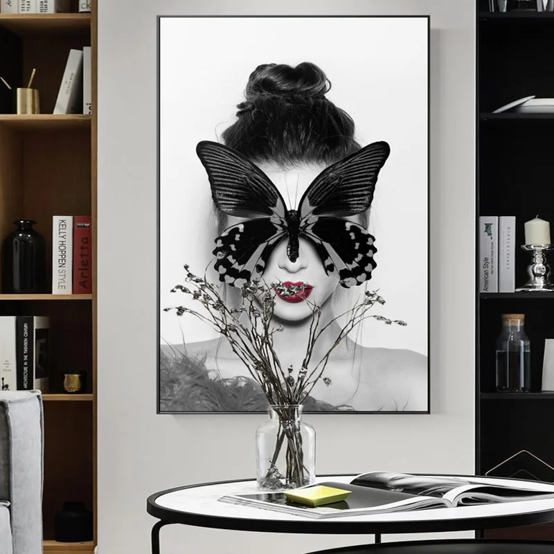 

Nordic Style Black And White Lady Butterfly Wall Art Canvas Paintings For Living Room Posters And Prints Creative Cuadro Sexy HD