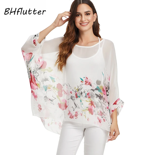 BHflutter White Blouse Shirt Women Fashion Batwing Casual Summer Tops Tees Ladies Print Chiffon Blouses Streetwear Plus Size 3