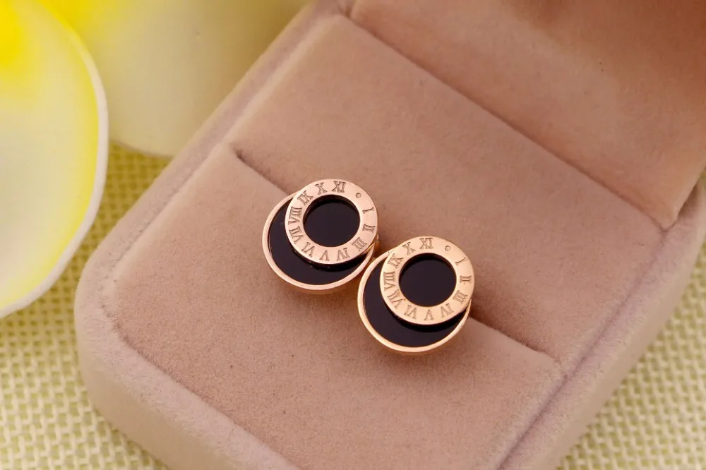 

Fashion Brand Love Double Round Black Roman Numerals Stud Earrings Lady Rose Gold Color Stainless Steel Women Gift