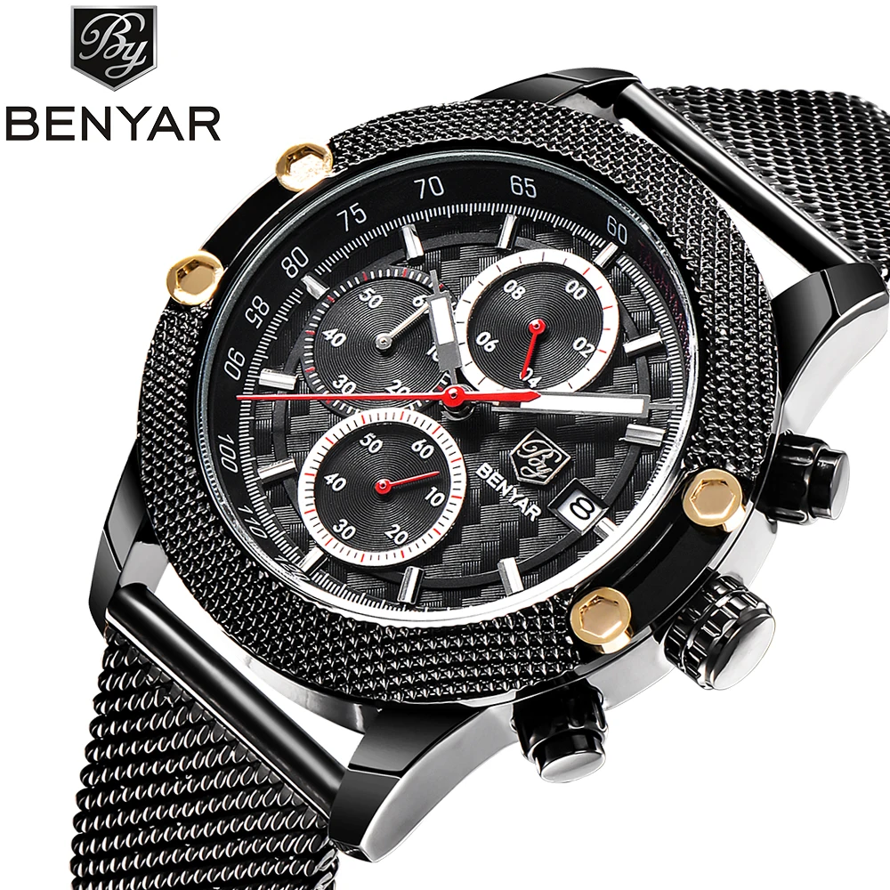 BENYAR Sport Fashion Watches Men Steel Mesh & Rubber Chronograph Waterproof Luxury Top Brand Quartz Watch Gold Saat dropshipping 2018 new benyar sport chronograph fashion watches men waterproof luxury brand quartz moon phase watch clock saat dropshipping