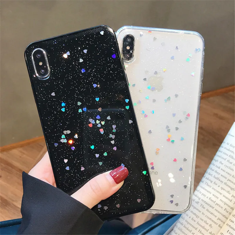 

Cute Glitter Bling Phone Case For iPhone 6 Case 7 8 Plus Glossy Epoxy Star Love Heart Clear Soft Case For iPhone Xs Max Xr Cover