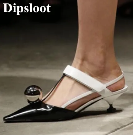 Dipsloot 2018 Metal Ball Embellished Strange Style Heels Woman Runway Shoes Pointed Toe Mixed Color Woman Sandals Dress Shoes
