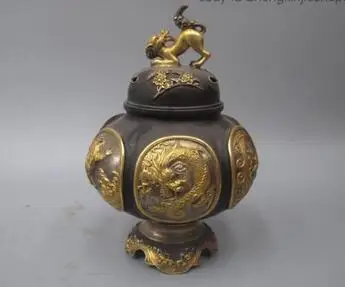 

8.5"China pure bronze 24K Gold Silver-Gilt Dragon Phoenix Turtle Lion Censer