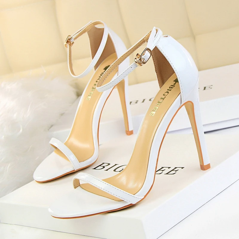 Summer Concise Buckle Women's Dress Sandals Super High Heels Pumps Open Toe Red Wedding Women Thin Heel Patent Leather | Обувь