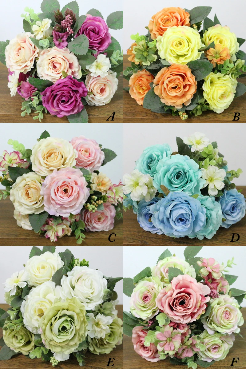JAROWN Artificial Flowers Silk Plastic Flowers Pinecone Roses Bouquets Flower Bouquet For Wedding Home Party Decoration Decor (5)