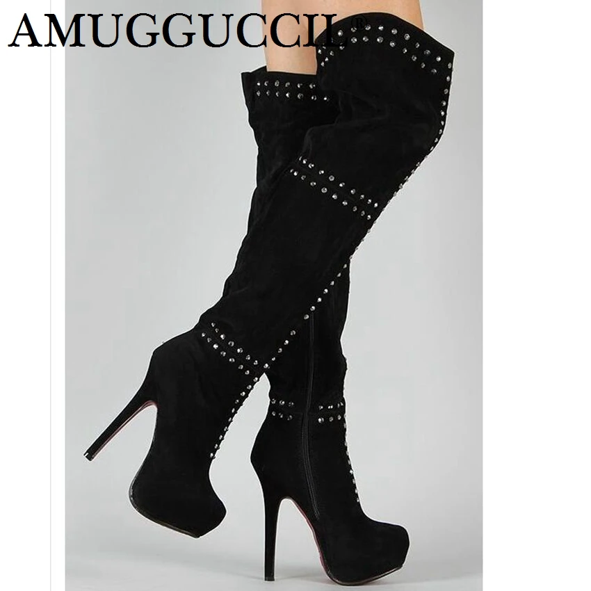 Goedkoop 2018 Nieuwe Plus Big Size 34 52 Zwart Zip Klinknagels Sexy Dij Hoge Hak Over De Knie Platform Vrouwelijke dames Vrouwen Winter Boot X1748