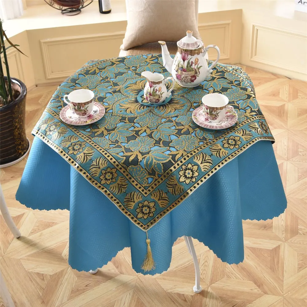 Latest 2 pcs/set Round 140cm Bright Blue Sky Dinner Linens Luxurious Sequin Side Tablecloth Poker Desk Decor Accessories