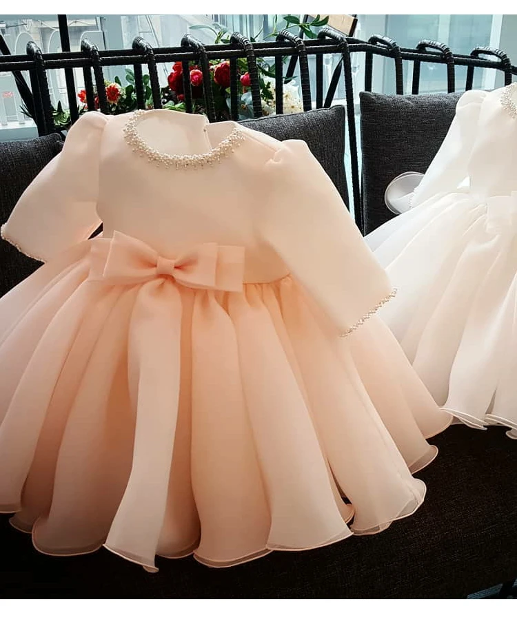 Платья для свадебной вечеринки для маленьких девочек Пышное кружевное крестильное платье с длинным рукавом, украшенное бусинами для новорожденных, платье для первого дня рождения для крещения