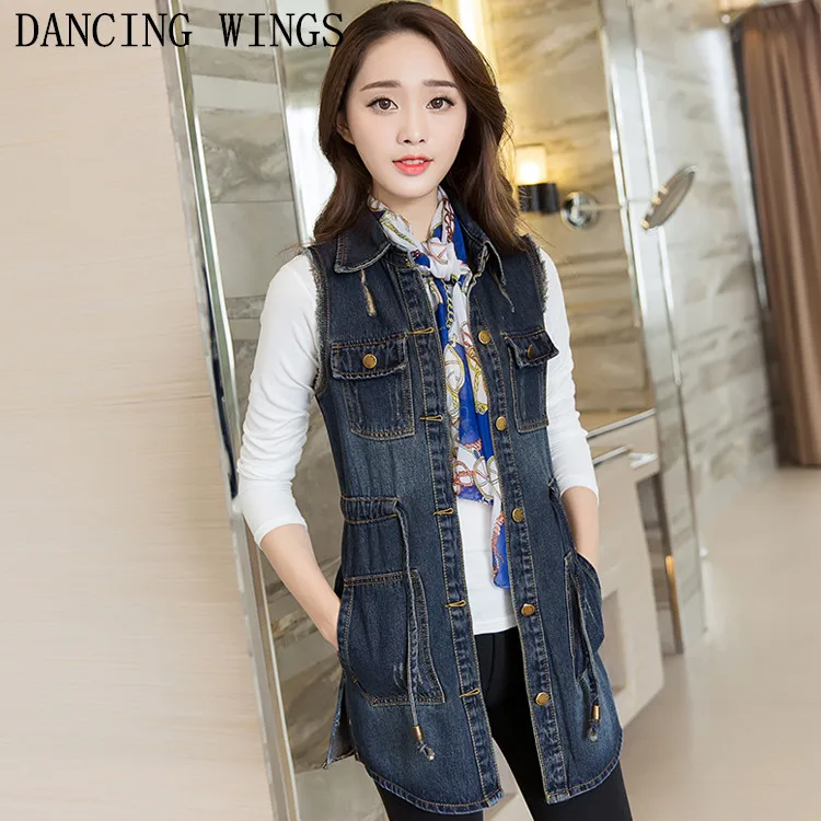 Medium Long Denim Vest Female 2018 Fashion Turn down Collar Women Denim