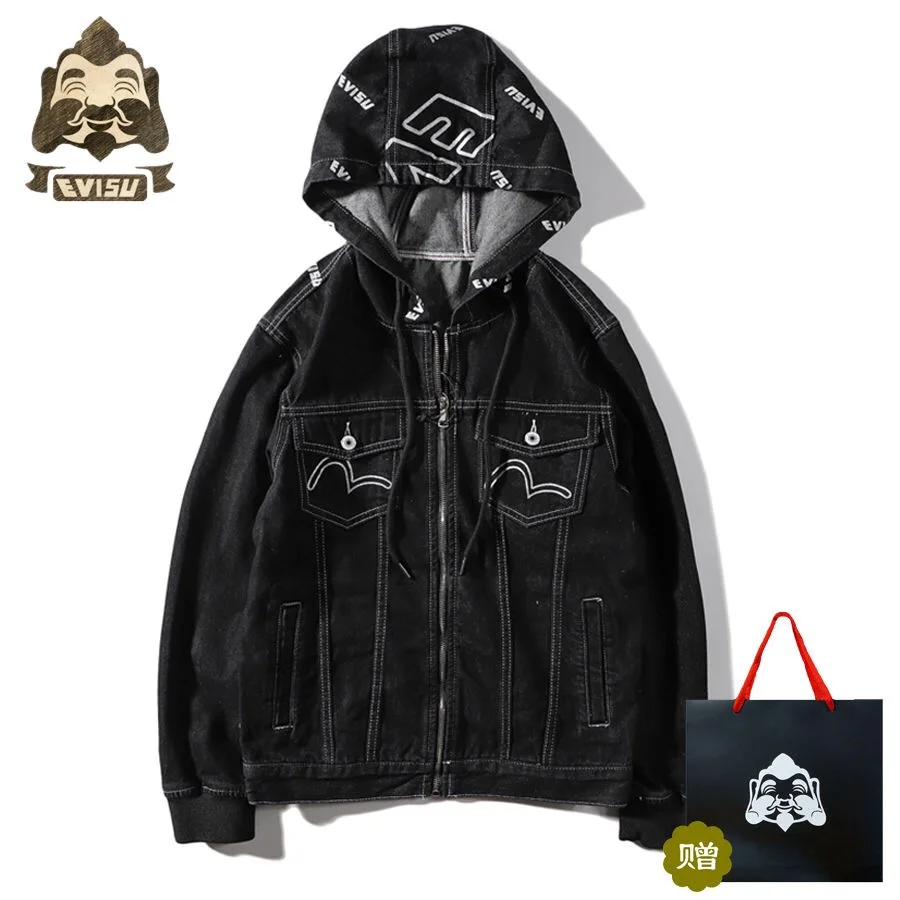 

2019 New Evisu Autumn Winter Men's Warm Fashion Jacket Jacket Full Printed Logo Men Women Couples Hooded Denim Jacket Trench1007
