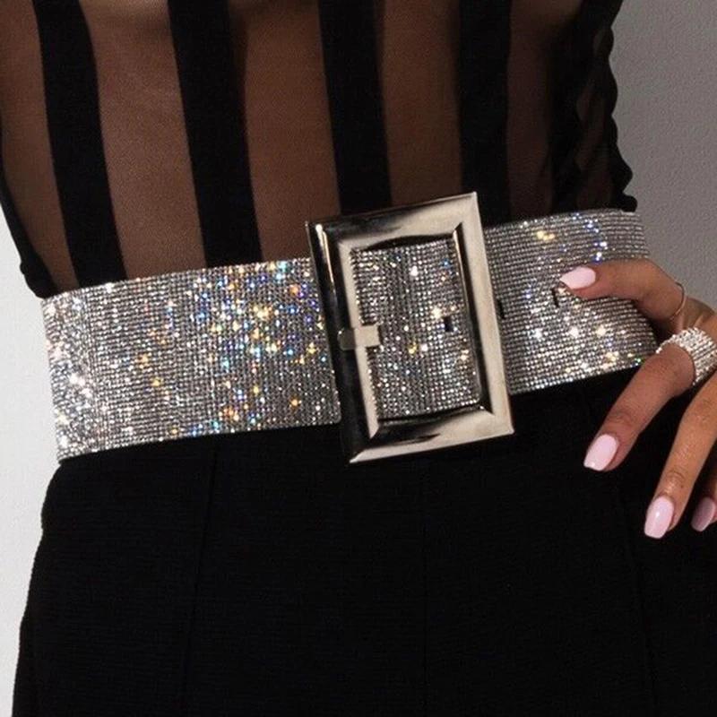 Shiny Rhinestones Waist Belt Women Diamante Wide Belts With Strong Metal Buckle Lady Cinturones Streetwear Accessories Waistband