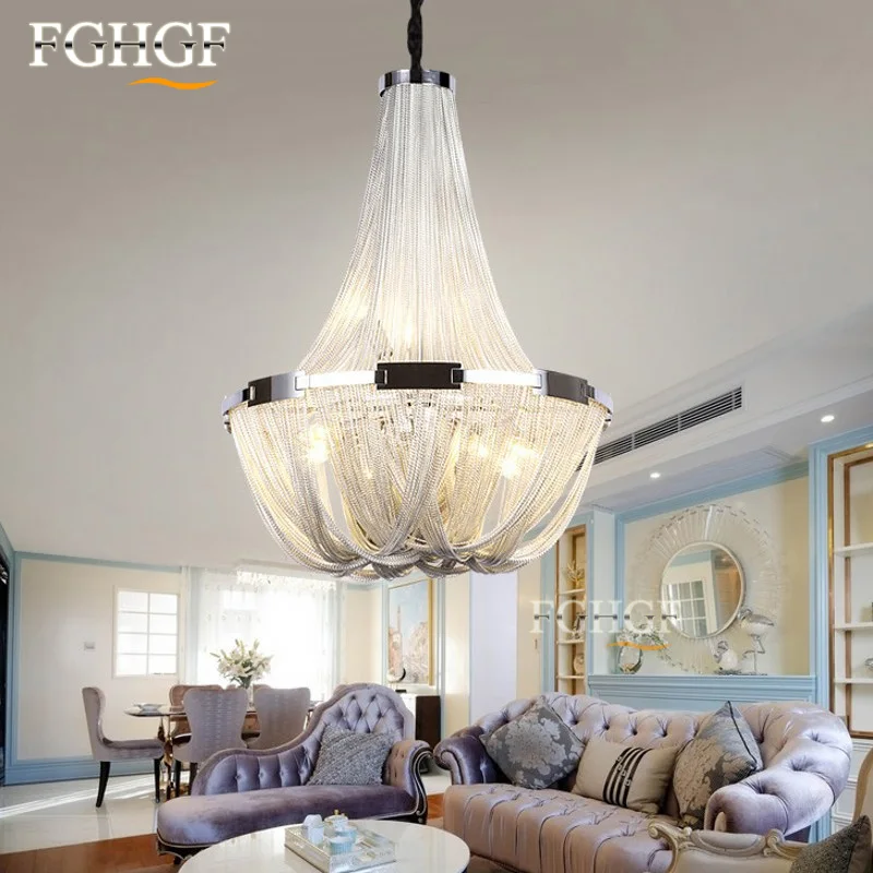 French Aluminum Chain Chandelier Light Fixture Empire Vintage Hanging Suspension Lustre Chain Chandelier Drop Light for Hotel (4)
