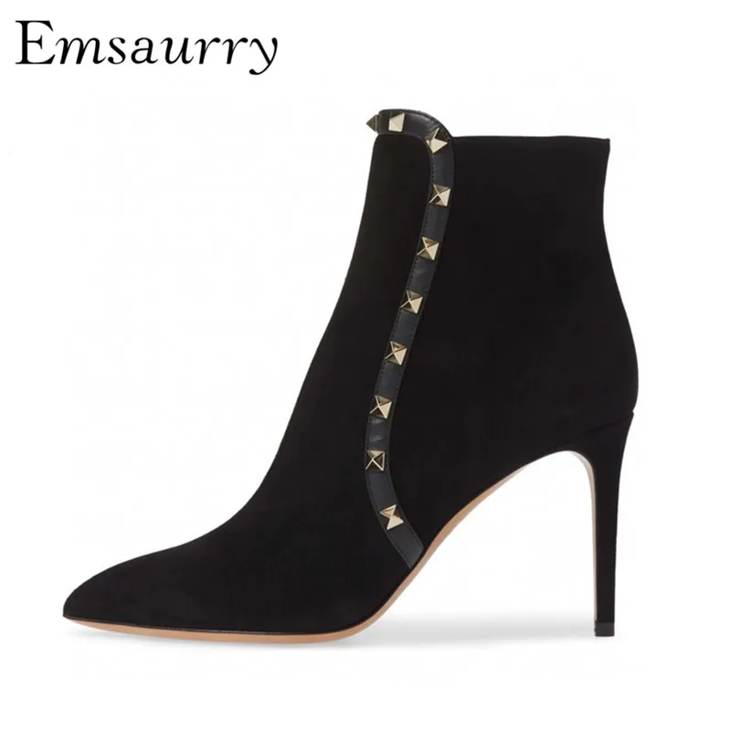 Sexy Thin High Heels Chelsea Boots Stiletto Heel Side Zipper Luxury Suede Red Black Rivet Ankle Boots Women