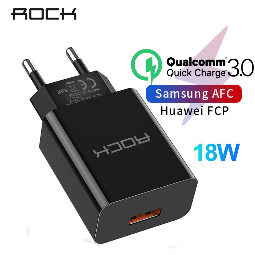 

ROCK Quick Charge 3.0 18W for iPhone X 8 XS QC 3.0 for iPhone Samsung Galaxy Xiaomi mi Huawei P30 USB EU Plug USB