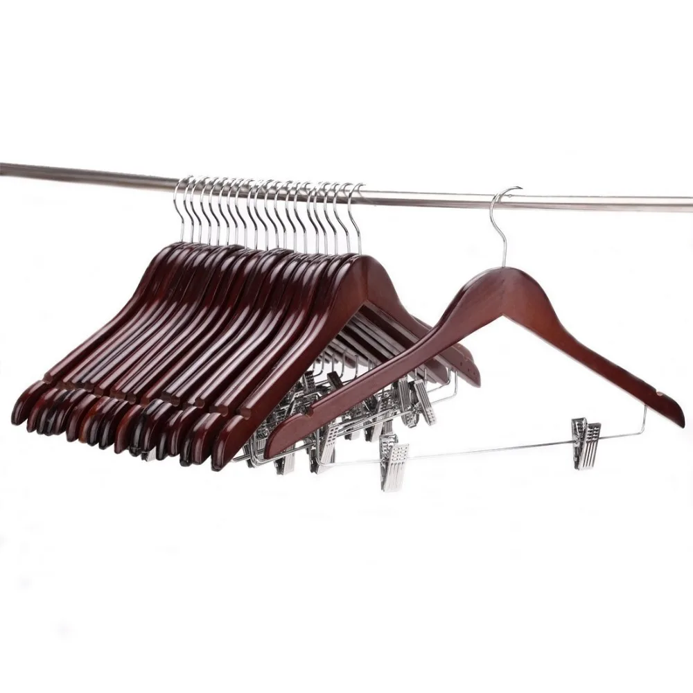 

Hangerlink Wooden Pant Hanger with Polished Clips and Hooks, Wooden Clothes Hangers, Walnut Polished (10 pieces/ lot)