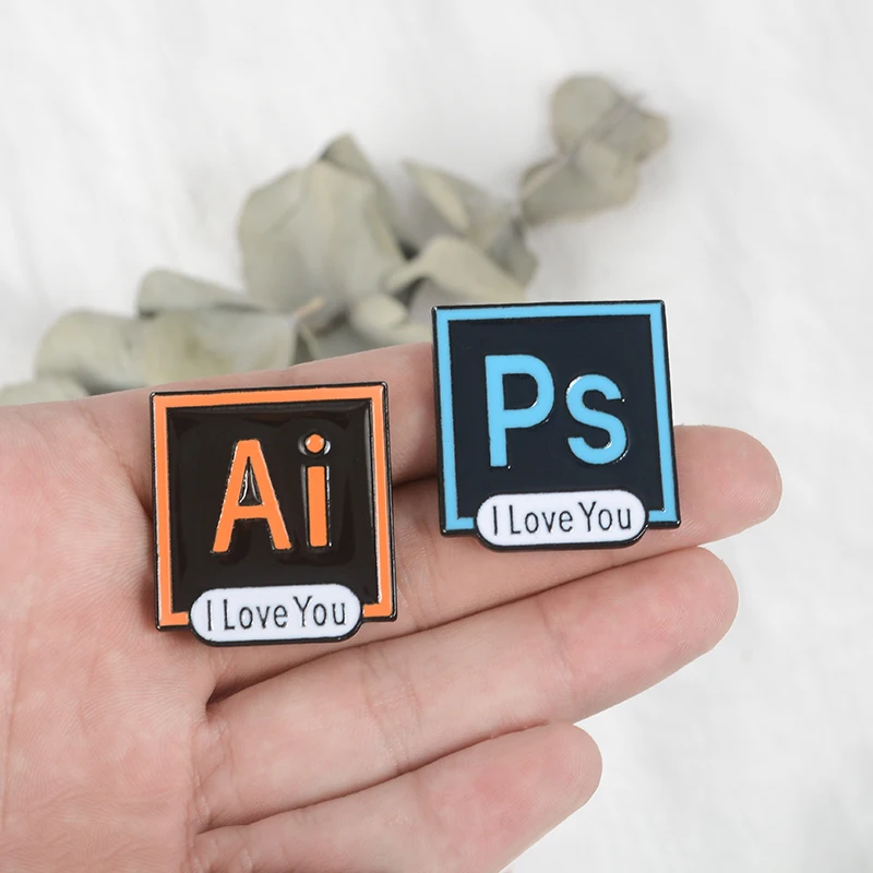 Square Photoshop Pins I Love You Badge Toolbar WASD key Lapel Pin AI PS AU PR Enamel Pins Brooches for Designers Artists Jewelry