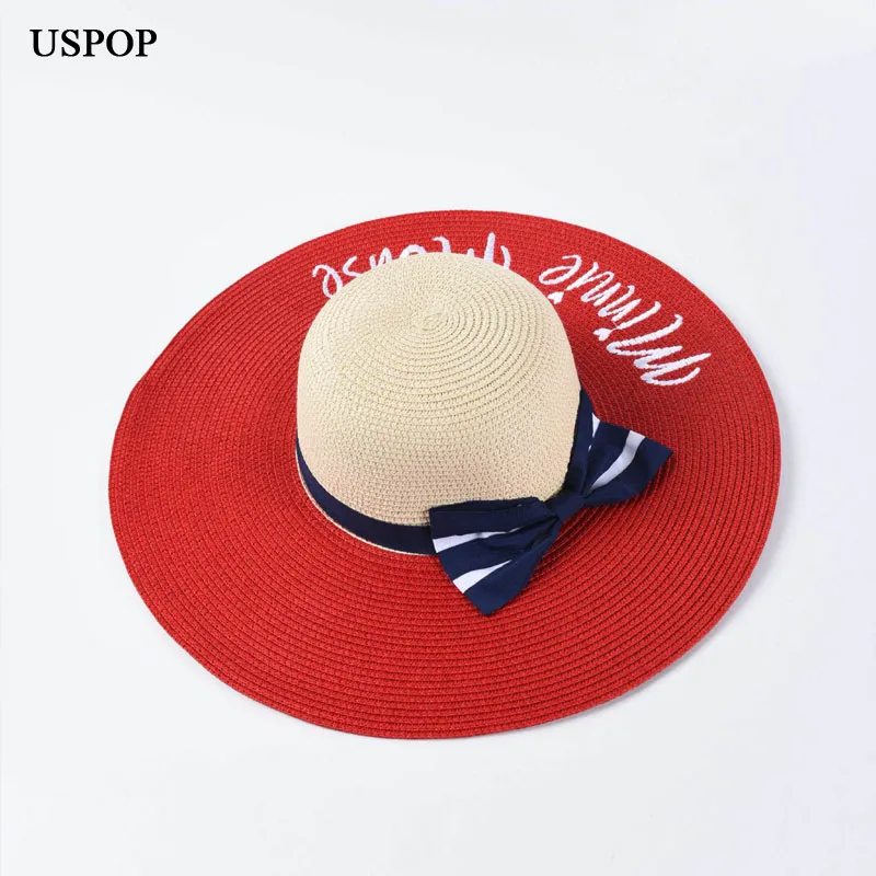 

USPOP 2019 New Summer hats for women straw sun hats letter embroidery straw hats patchwork bow wide brim beach hat